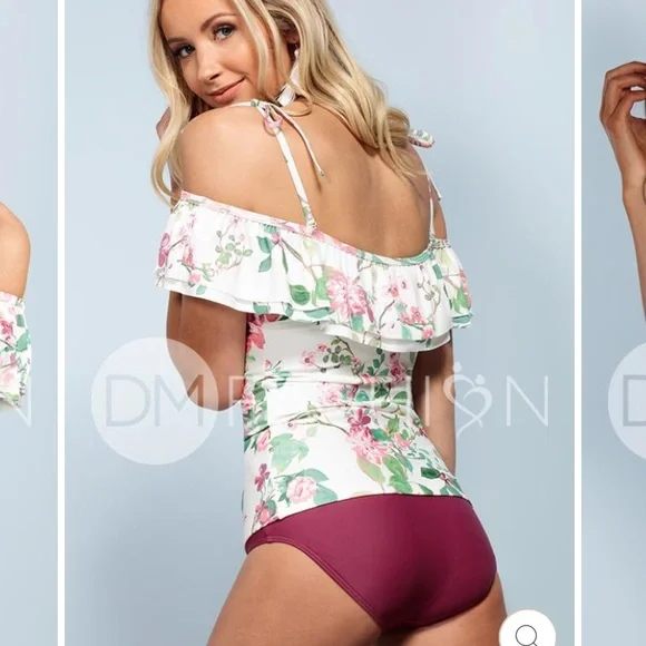 DM fashion Floral off shoulder ruffle Tankini set S - Picture 5 of 11